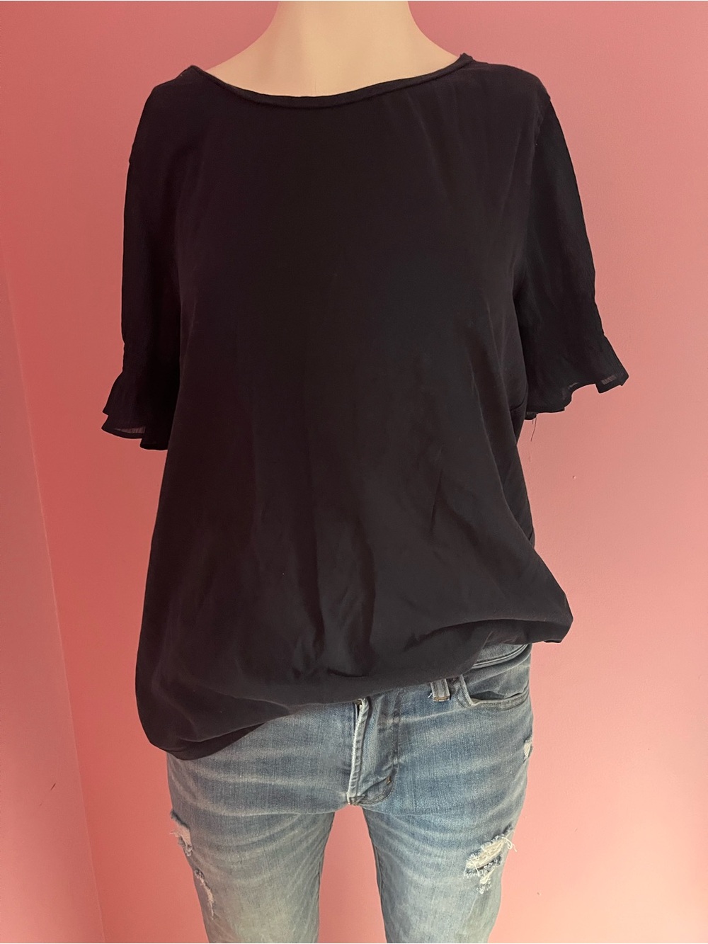 Joe Fresh Navy Short Sleeve Ruffle Cuff Blouse(measurement in pictures inches)